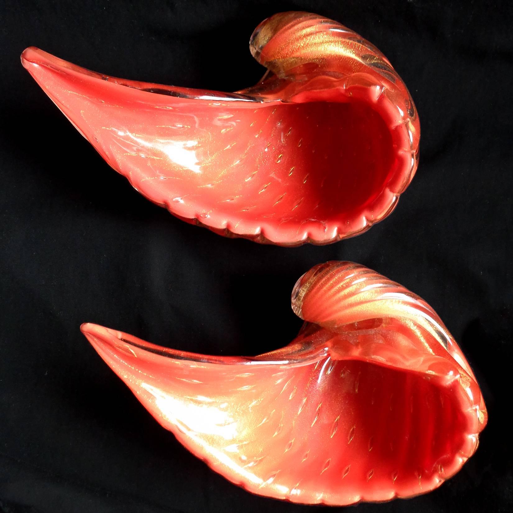 Hand-Crafted Alfredo Barbini Murano Orange Gold Flecks Italian Art Glass Seashell Bowls