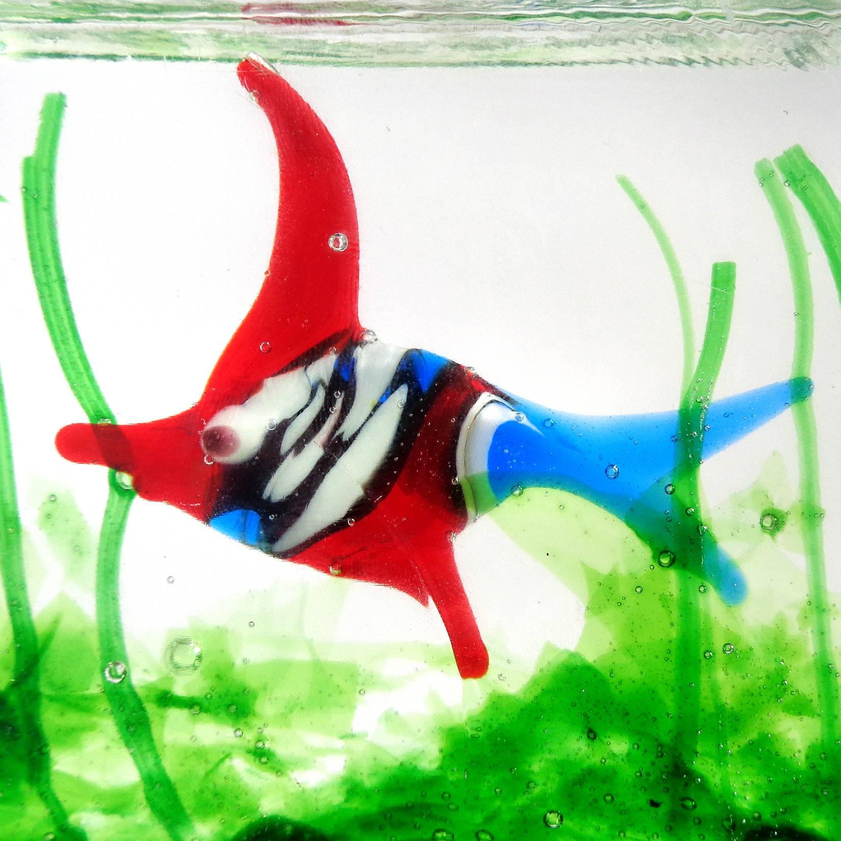 Mid-Century Modern Murano Bright Red Blue White Italian Art Glass Aquarium Paperweight Sculpture