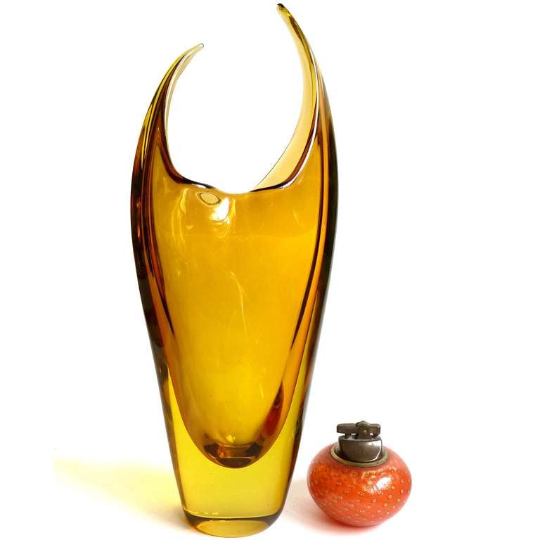 Large Murano Sommerso golden orange yellow with flared and crimped rim Italian art glass sculptural flower vase. Attributed to designers Flavio Poli and Archimede Seguso for Seguso Vetri D' Arte. Very unusual shape with sculptural elements. Would