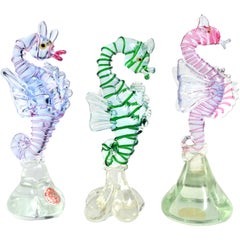 Vintage A.Ve.M. Murano Purple, Green and Pink Italian Art Glass Sea Horse Sculptures