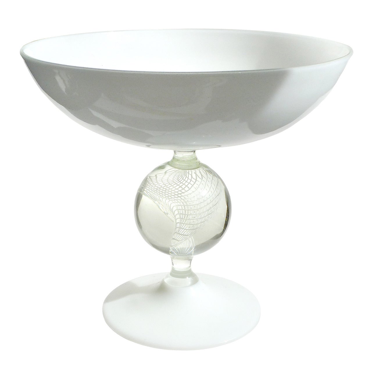 Archimede Seguso Murano White Ribbon Paperweight Italian Art Glass Compote Bowl
