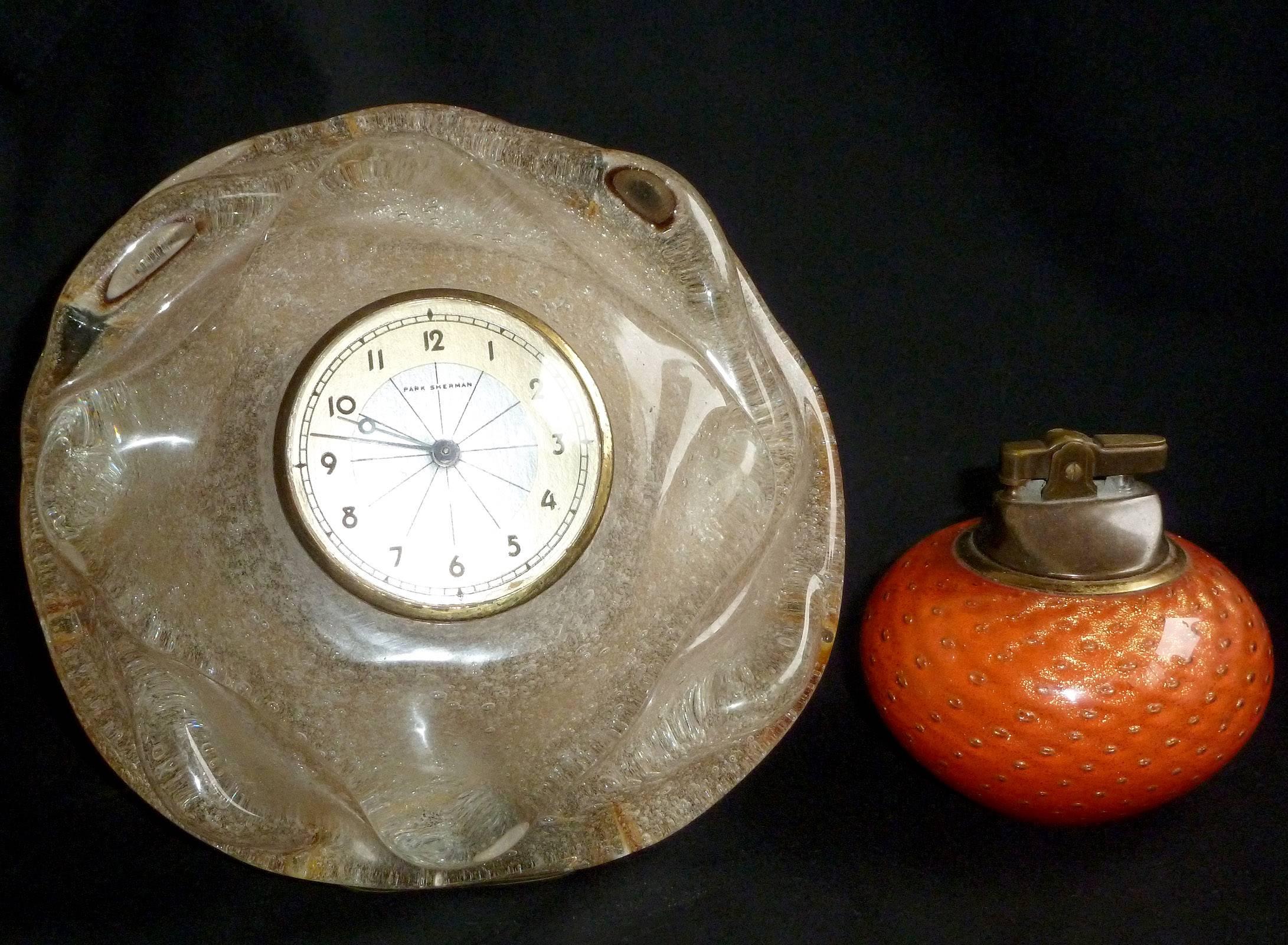 Seguso Vetri d'Arte Murano Pulegoso Bubbles Italian Art Glass Desk Clock In Excellent Condition In Kissimmee, FL