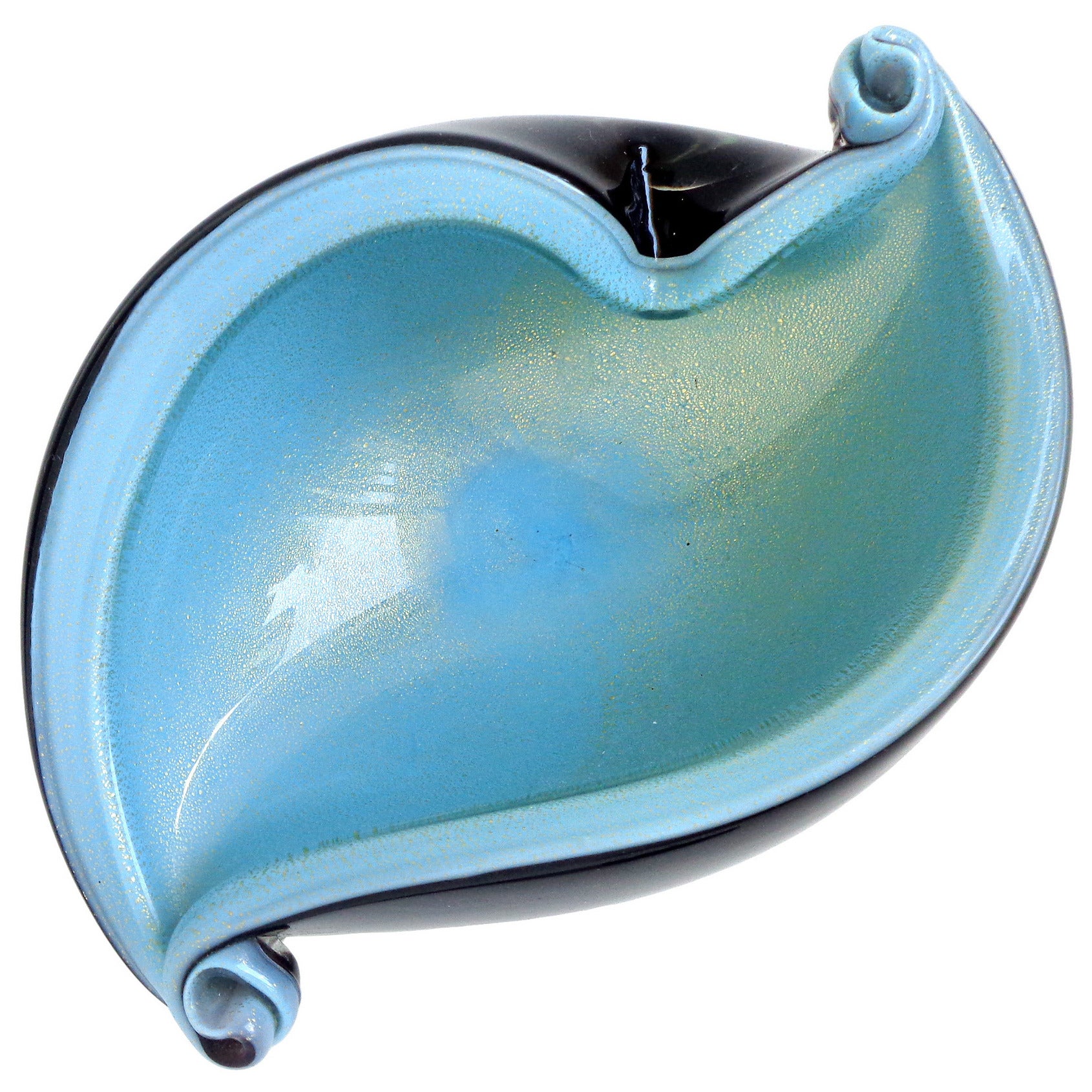 Barbini Murano Black Blue Gold Flecks Italian Art Glass Scroll Seashell Bowl
