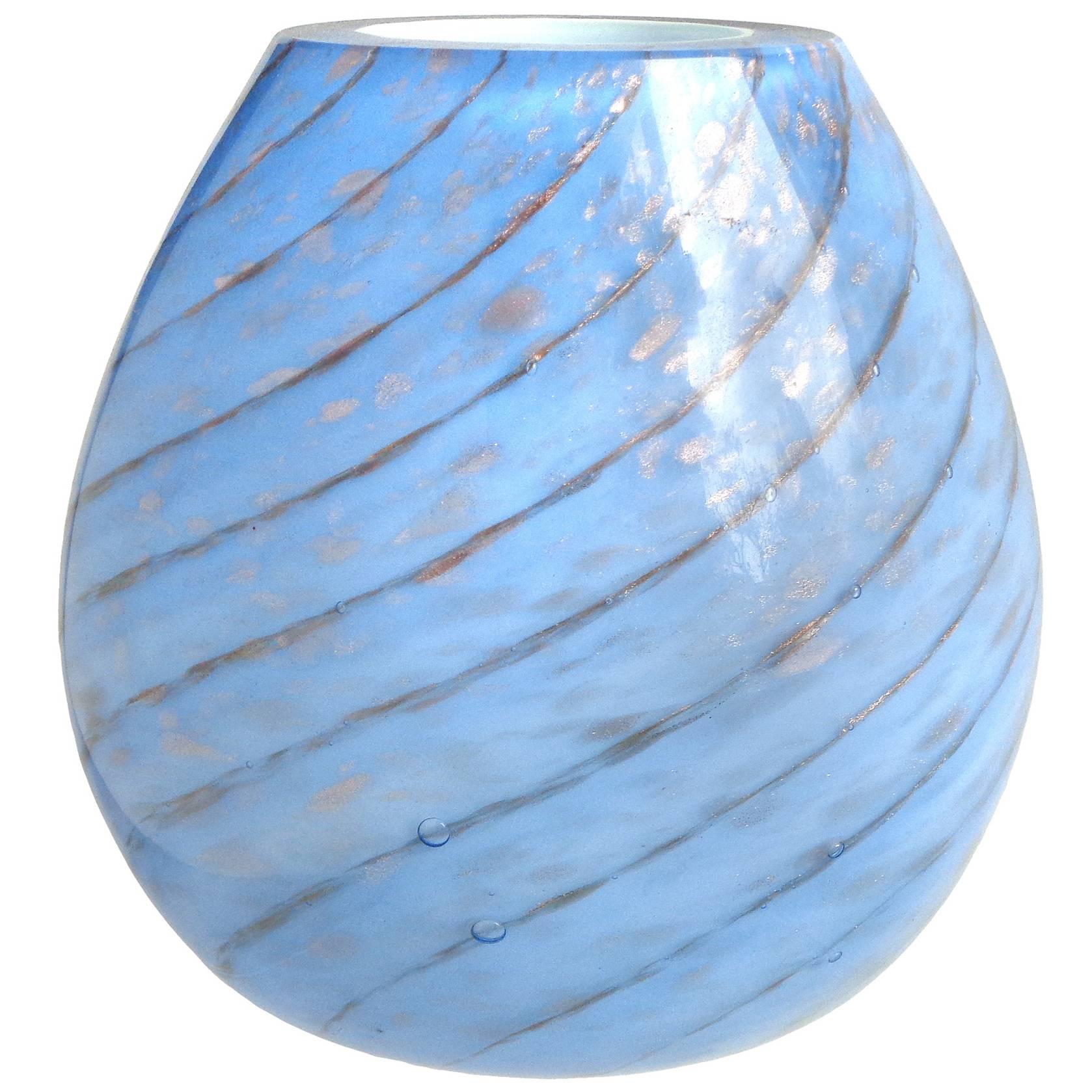 Fratelli Toso Murano Blue Aventurine Swirl Italian Art Glass Flower Vase