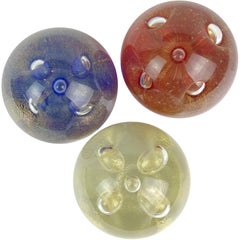 Alfredo Barbini Murano Red Blue Gold Flecks Italian Art Glass Paperweights