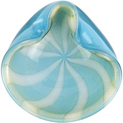 Alfredo Barbini Murano Blue White Gold Italian Art Glass Decorative Bowl Dish