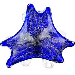 Murano Cobalt Blue Silver Flecks Vintage Italian Art Glass Decorative Bowl