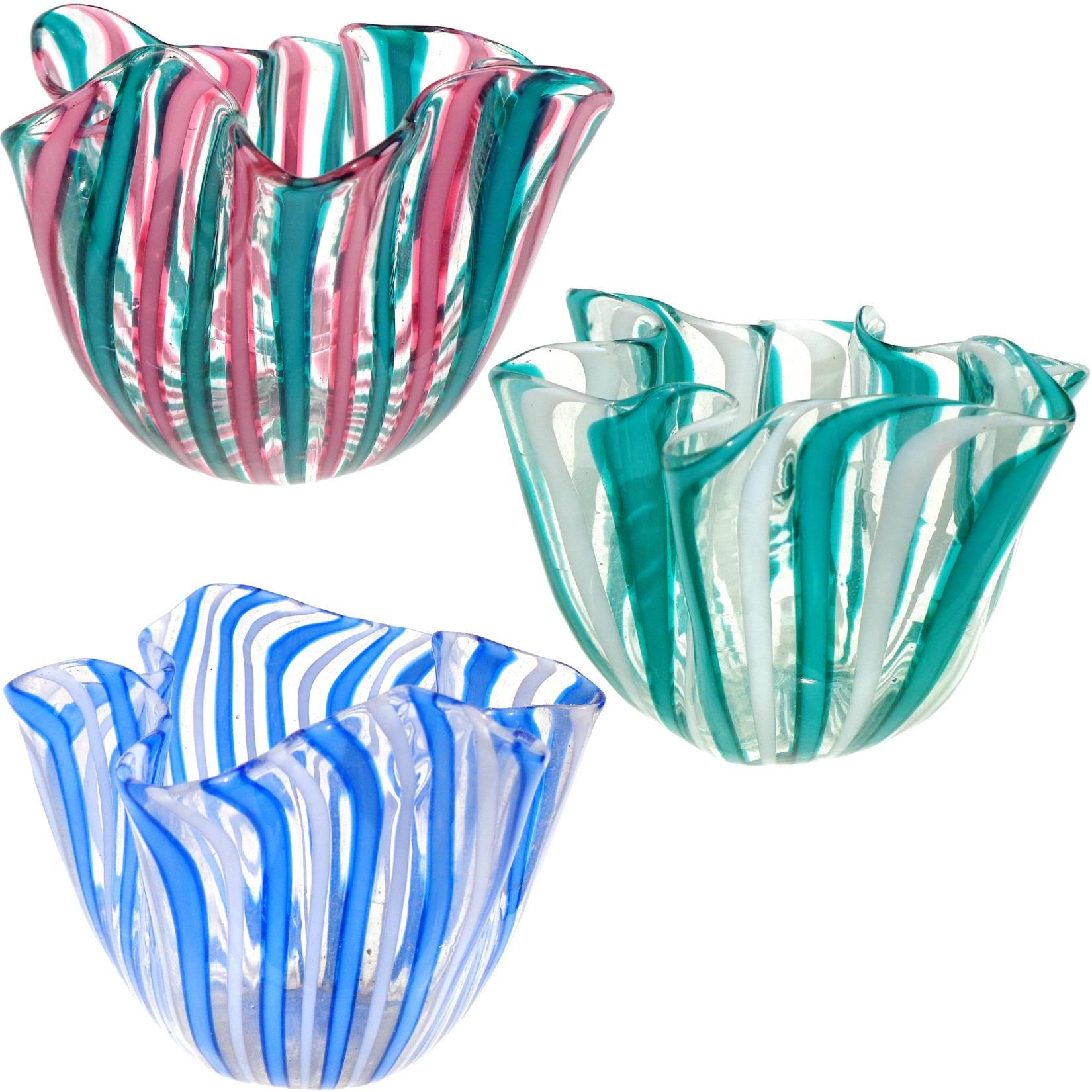 20th Century Bianconi Venini Murano Filigrana Stripes Italian Art Glass Fazzoletto Vases