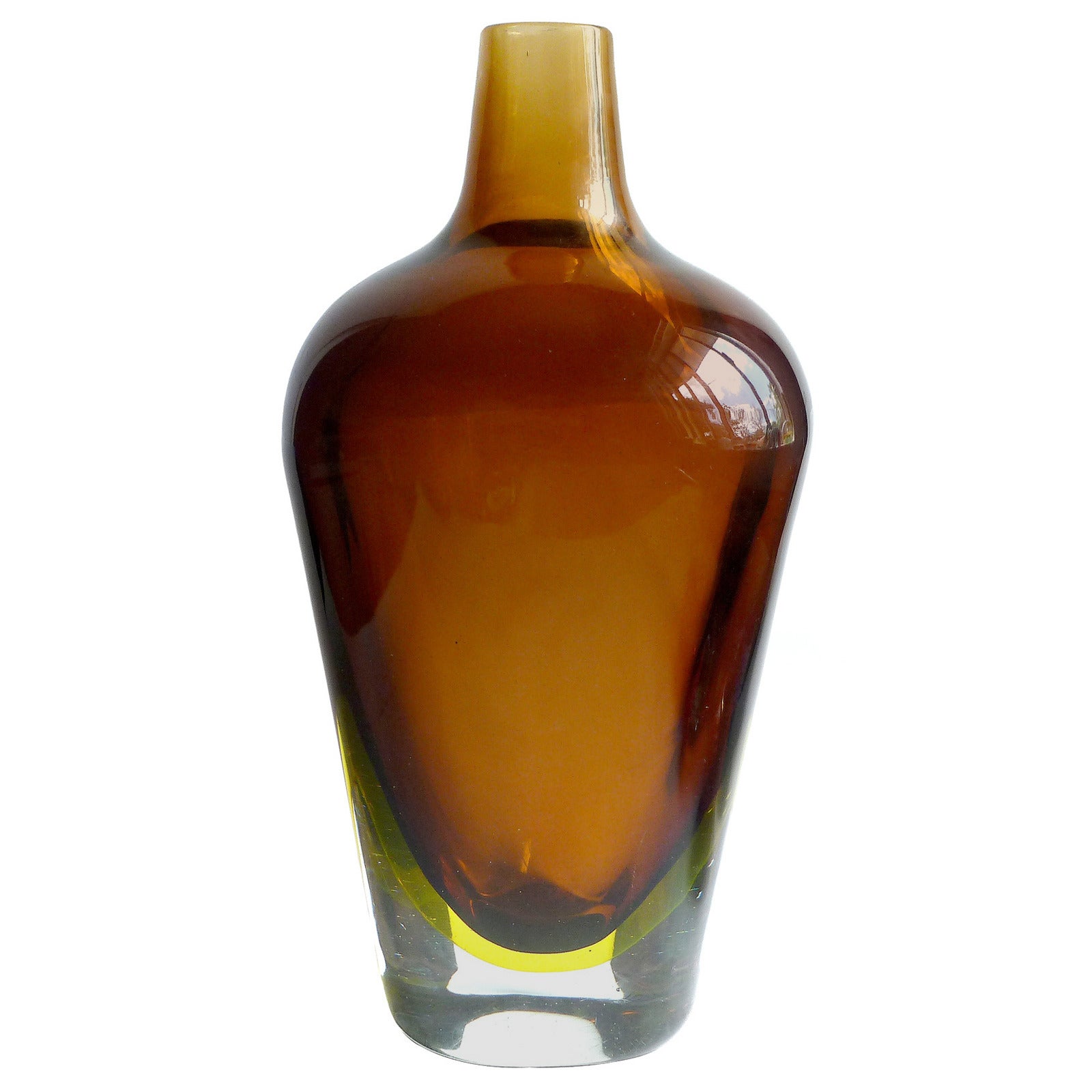 Flavio Poli Seguso Murano Sommerso Amber Yellow Italian Art Glass Flower Vase