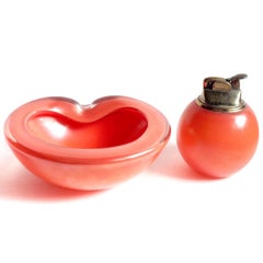 Alfredo Barbini Murano Orange Iridescent Italian Art Glass Bowl Lighter Set