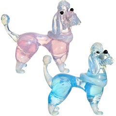 Vintage Barovier Murano Opal Pink Blue Italian Art Glass Poodle Puppy Dog Figurines