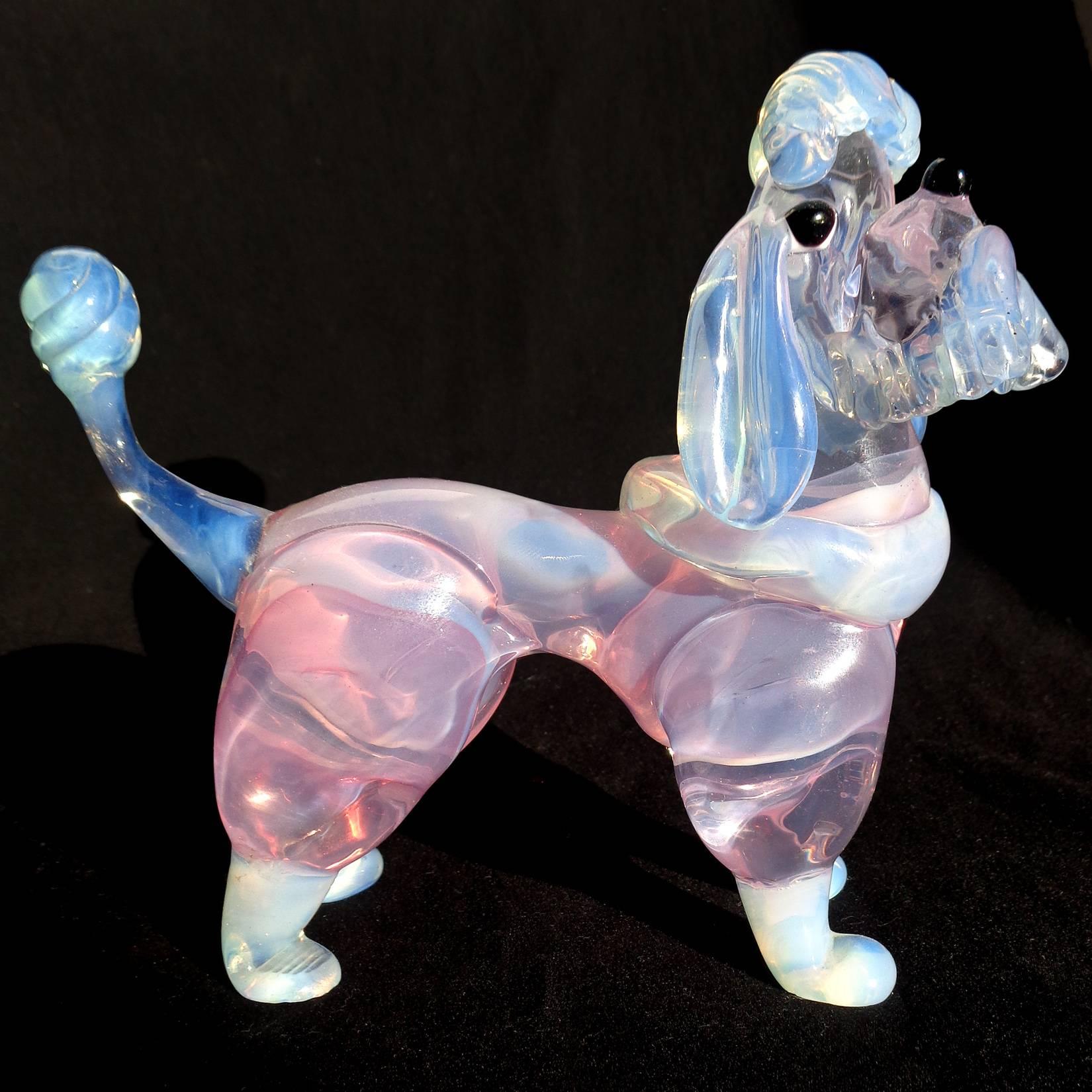 Mid-Century Modern Barovier Murano Opal Pink Blue Italian Art Glass Poodle Puppy Dog Figurines