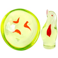 Cenedese Murano Vaseline Yellow Red Heart Italian Art Glass Bird and Bowl Set