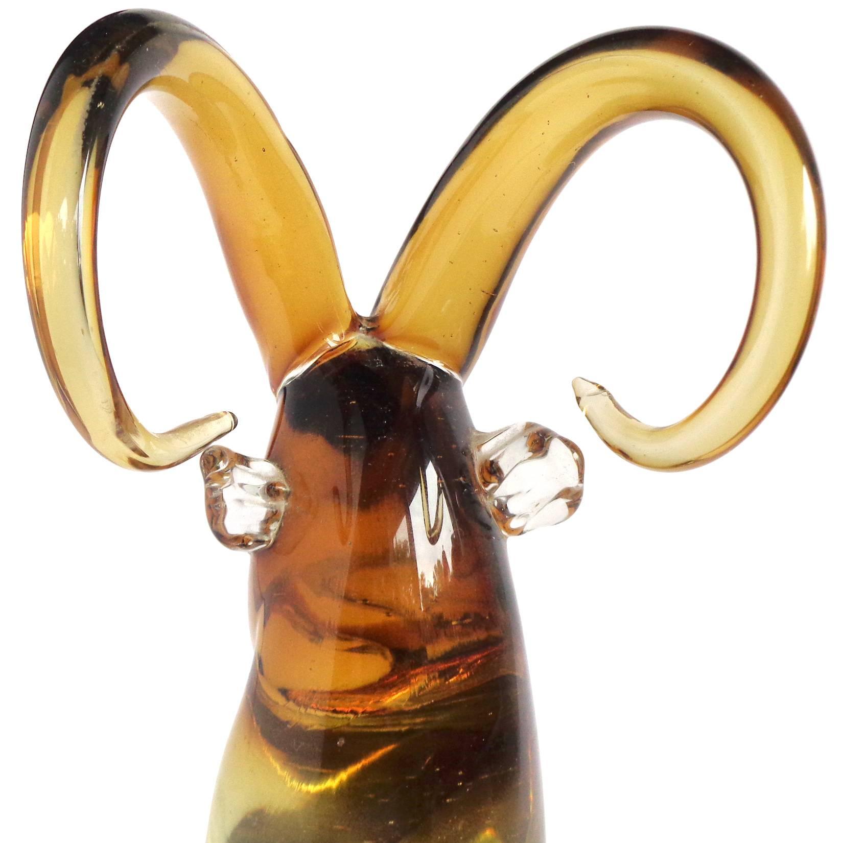 Mid-Century Modern Archimede Seguso Murano Sommerso Golden Amber Italian Art Glass Ram Sculpture