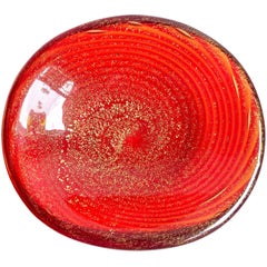 Murano Red Swirl Gold Flecks Italian Art Glass Decorative Oval Bowl Dish