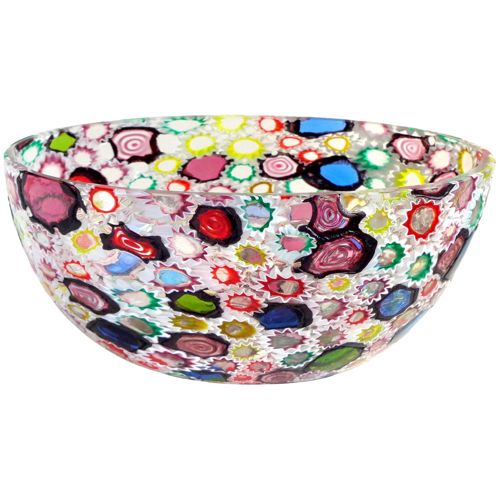 Fratelli Toso Murano Millefiori Flower Star Mosaic Italian Art Glass Bowl Vase