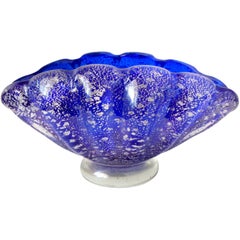 Barovier Toso Murano Cobalt Blue Silver Flecks Italian Art Glass Shell Bowl Vase