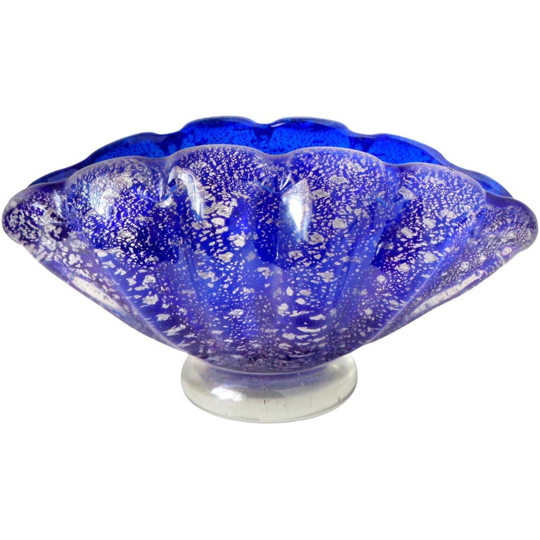 Barovier Toso Murano Cobalt Blue Silver Flecks Italian Art Glass Shell
