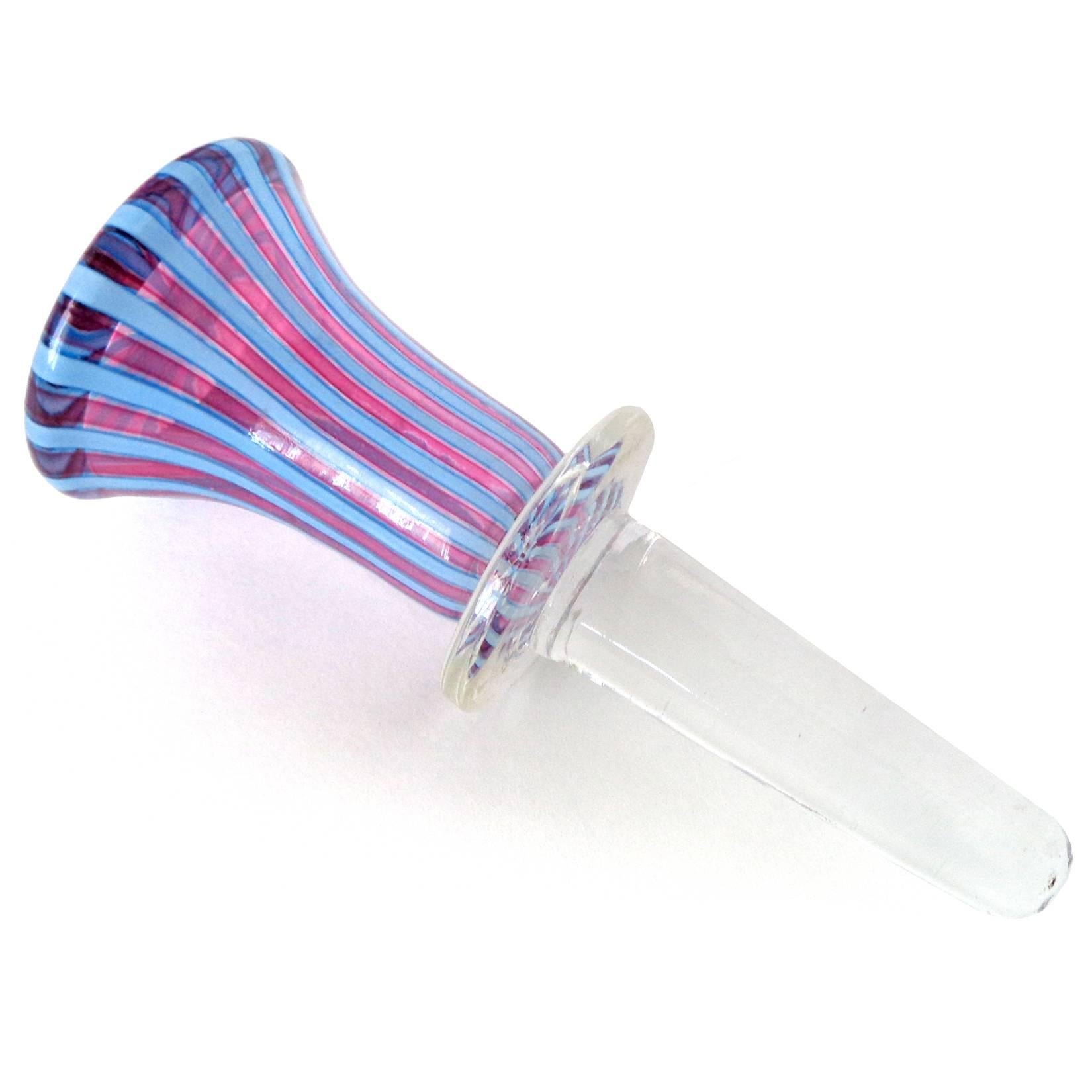Mid-Century Modern Fratelli Toso Murano Purple Blue Stripe Ribbons Italian Art Glass Decanter