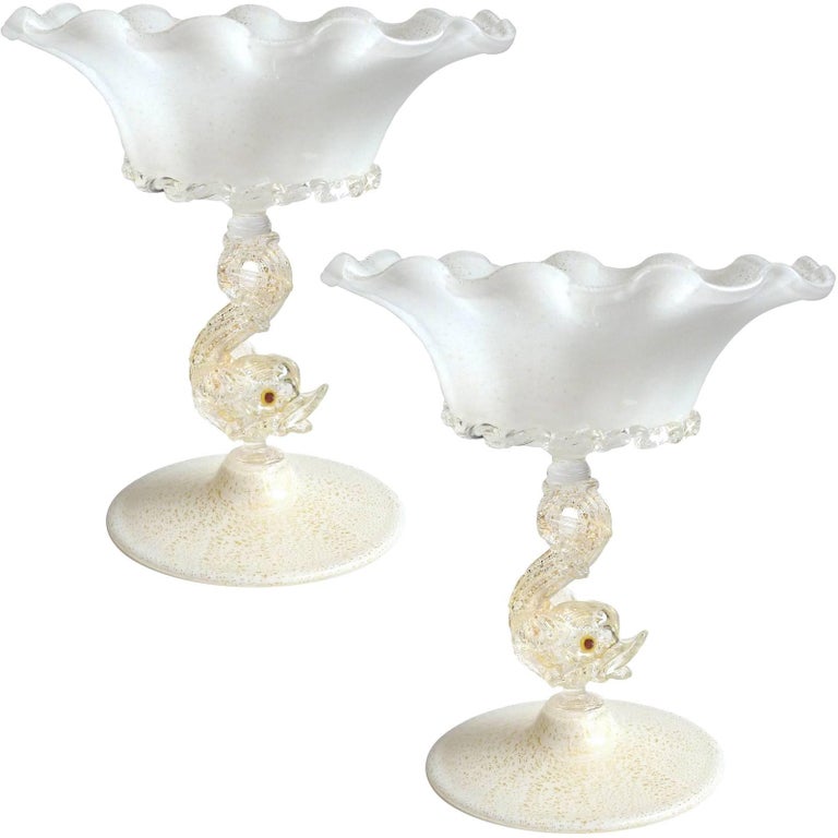 Murano White Gold Flecks Fish Stem Italian Art Glass Compote