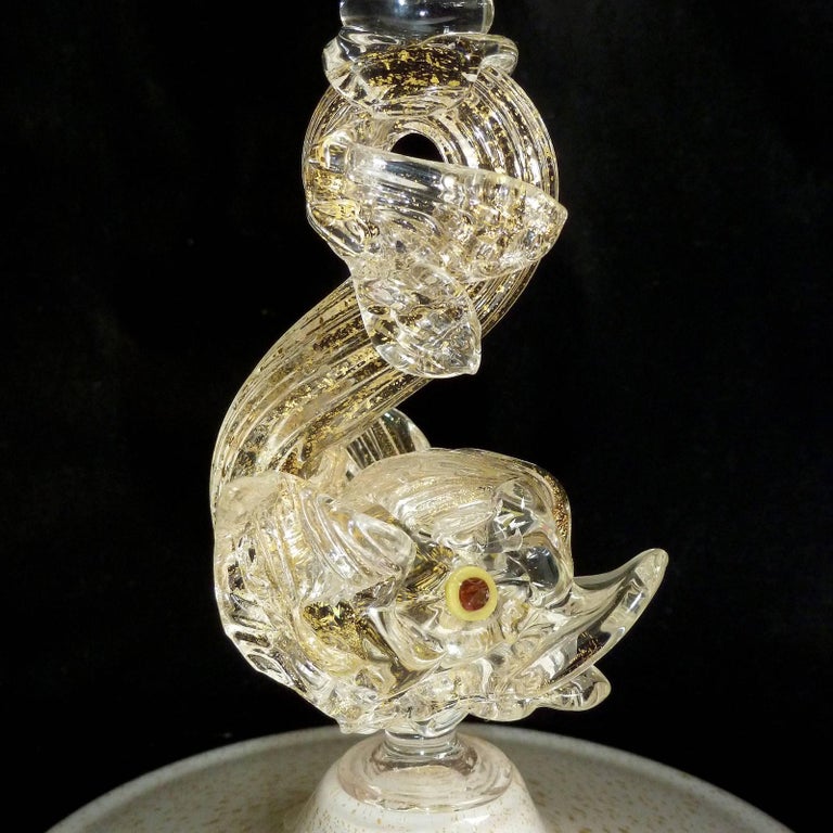 Murano White Gold Flecks Fish Stem Italian Art Glass Compote