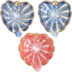 Barovier Toso Murano Pink Blue Gold Striped Italian Art Glass Heart Dish Bowls