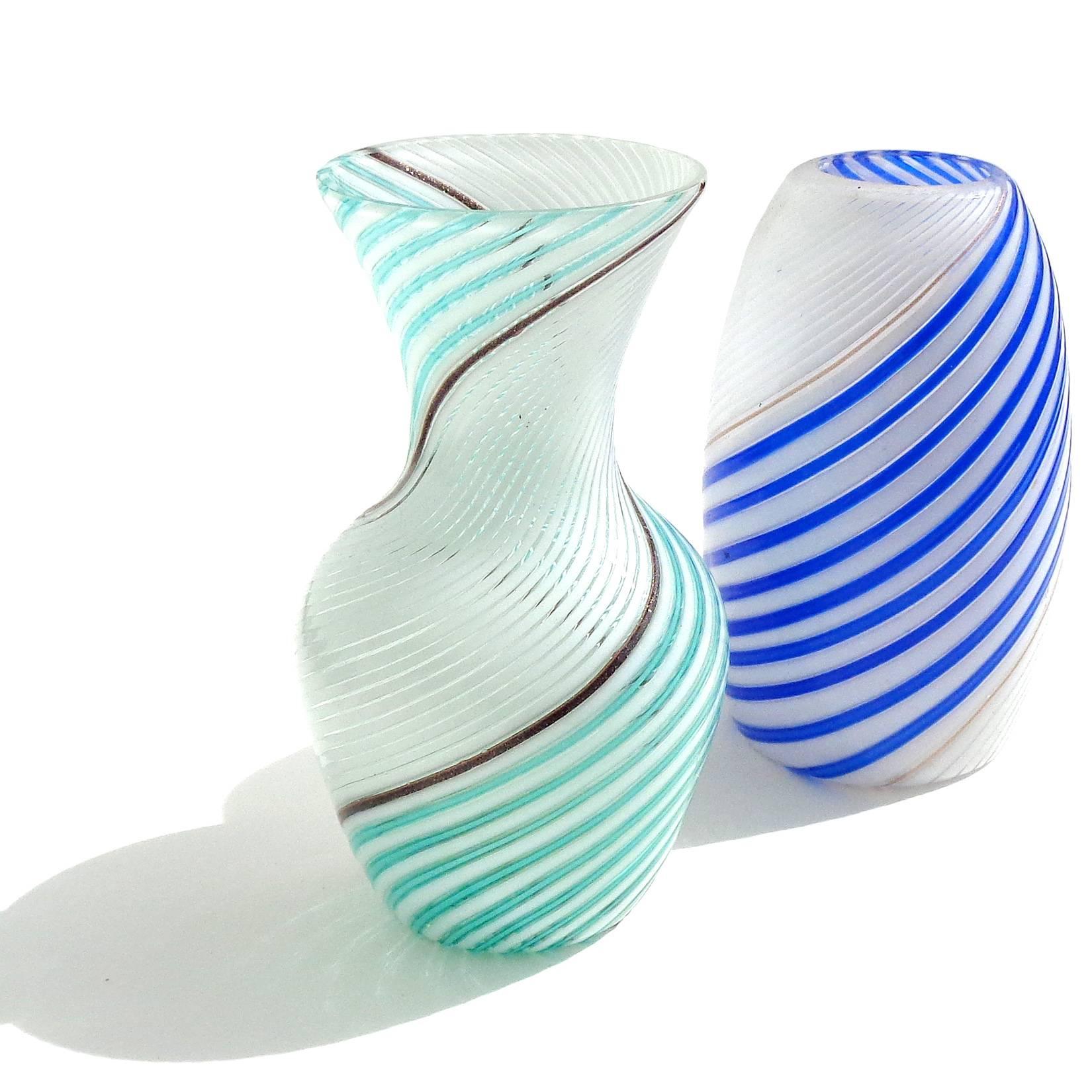 Priced per item - Beautiful Murano handblown white, aqua blue and cobalt Filigrana ribbons art glass flower vases. Documented to designer Dino Martens for Aureliano Toso. They have a ribbon of aventurine dividing the colors. Published in his book.