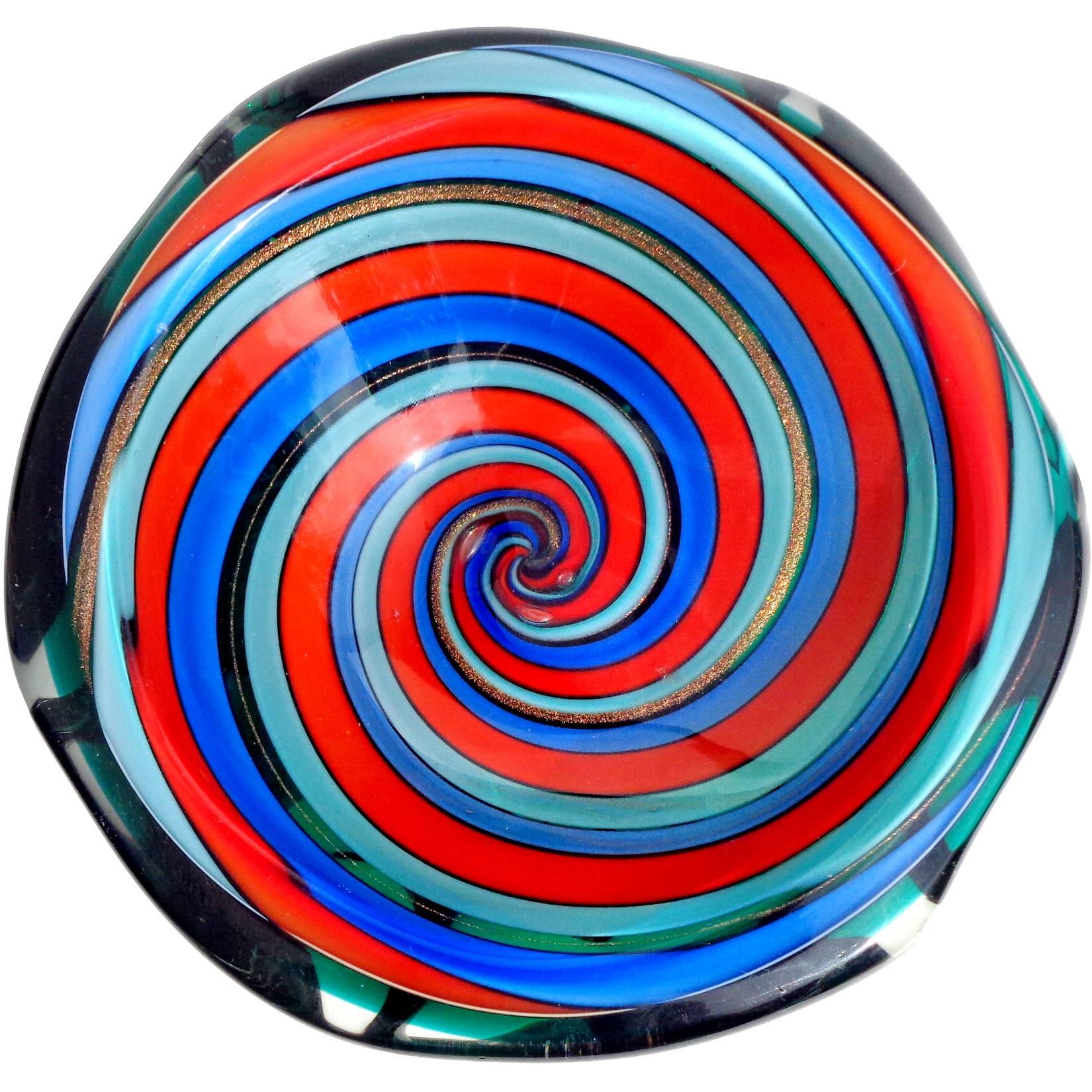 Murano Red Blue Aqua Optic Swirl Italian Art Glass Decorative Sculptural Bowl