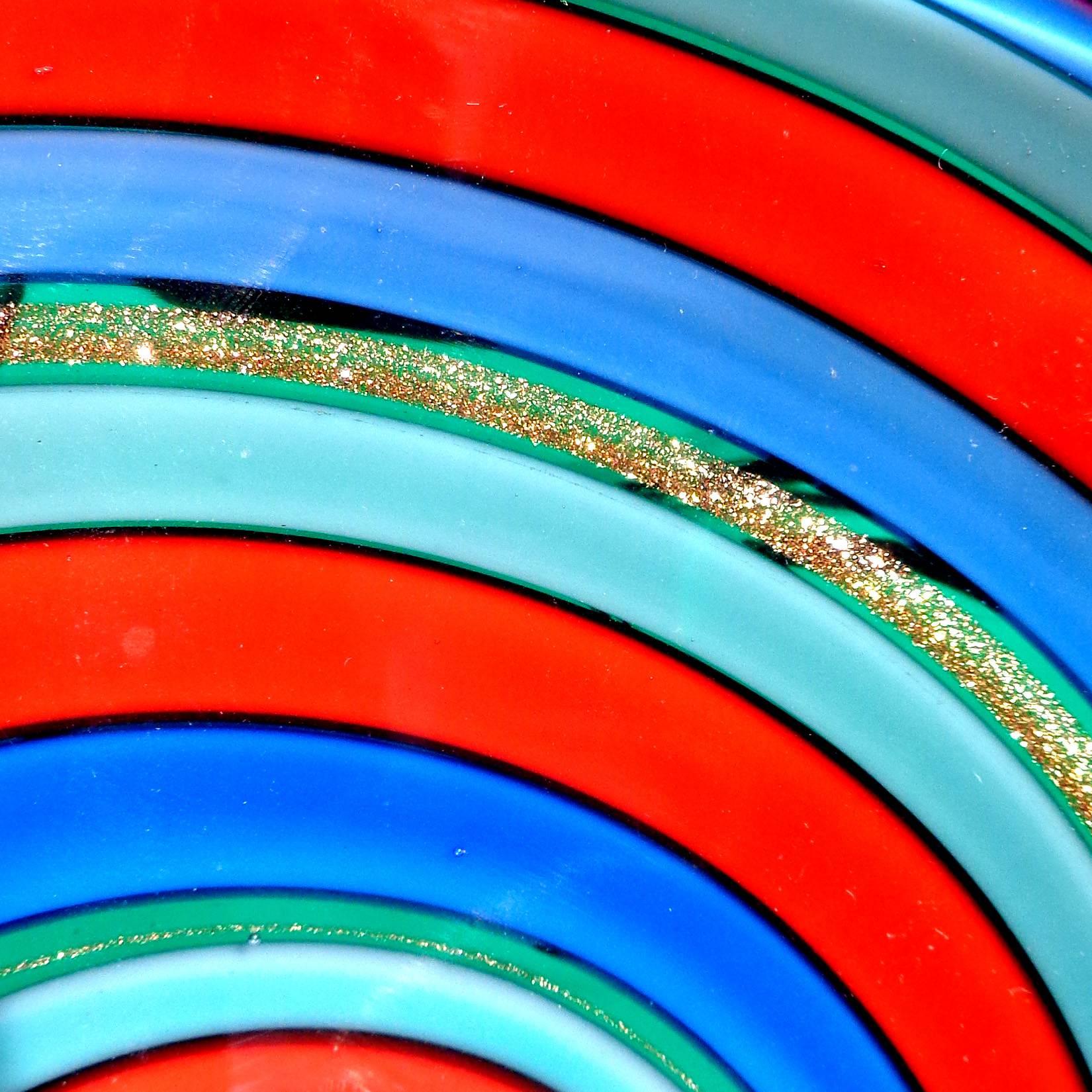 Mid-Century Modern Murano Red Blue Aqua Optic Swirl Italian Art Glass Decorative Sculptural Bowl