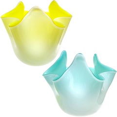 Murano White over Yellow Blue Italian Art Glass Fazzoletto Handkerchief Vases