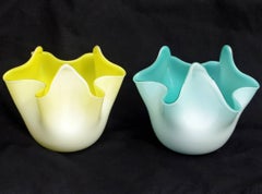 Murano White over Yellow Blue Italian Art Glass Fazzoletto Handkerchief Vases