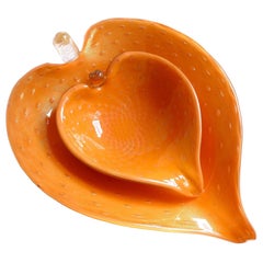 Alfredo Barbini Murano Gold Flecks Orange Bubbles Italian Art Glass Leaf Bowls