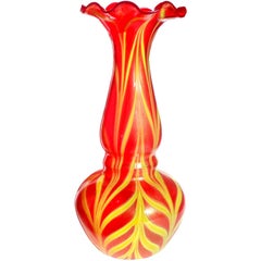 Murano Red Yellow Pulled Feather Gold Italian Art Glass Ruffle Rim Flower Vase