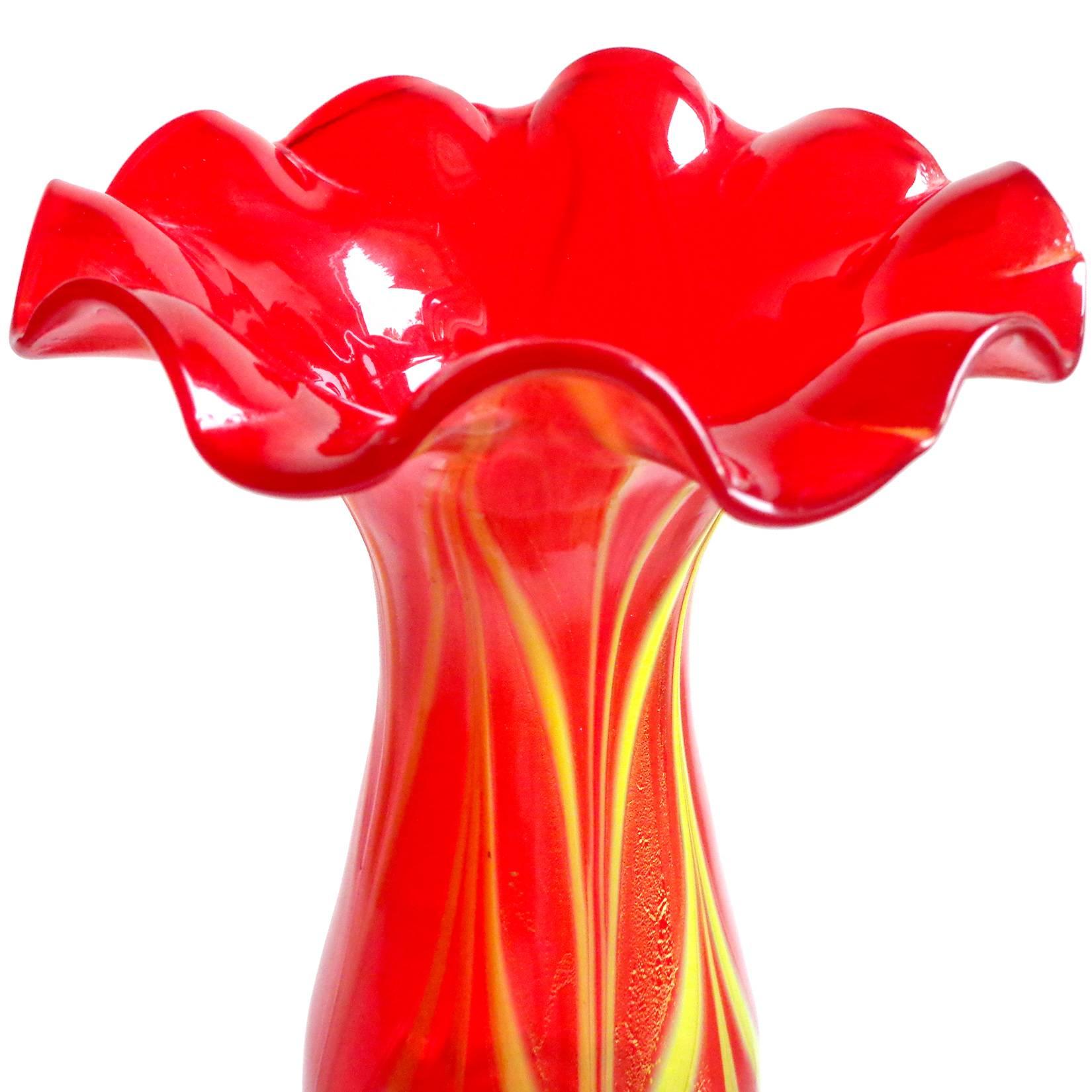 Art Deco Murano Red Yellow Pulled Feather Gold Italian Art Glass Ruffle Rim Flower Vase