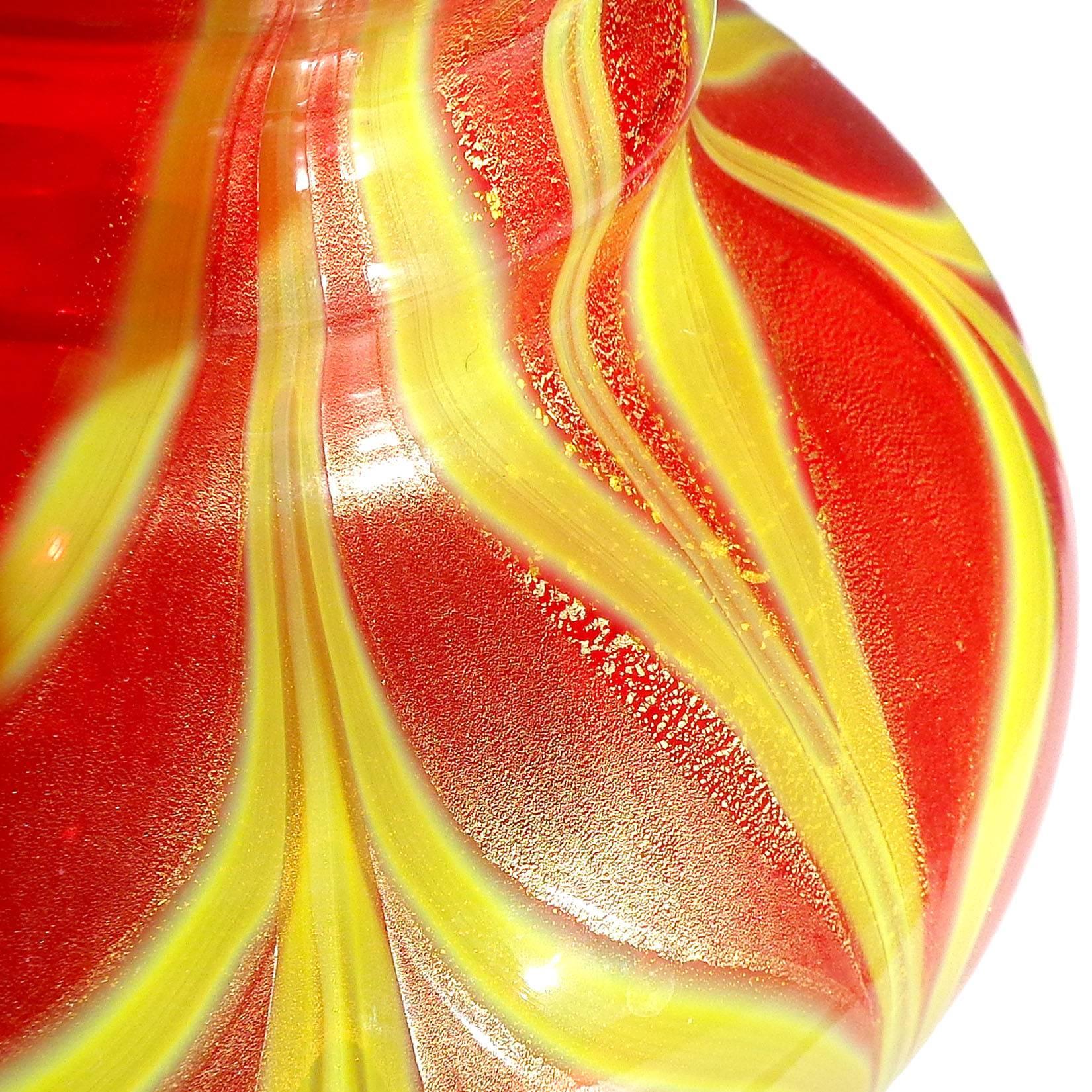Hand-Crafted Murano Red Yellow Pulled Feather Gold Italian Art Glass Ruffle Rim Flower Vase