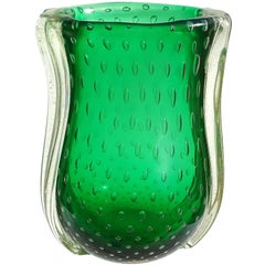 Barovier Toso Murano Green Iridescent Gold Flecks Italian Art Glass Vase