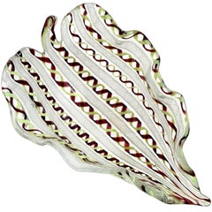 Murano Yellow Purple Zanfirico Ribbons Italian Art Glass Sculptural Leaf Bowl