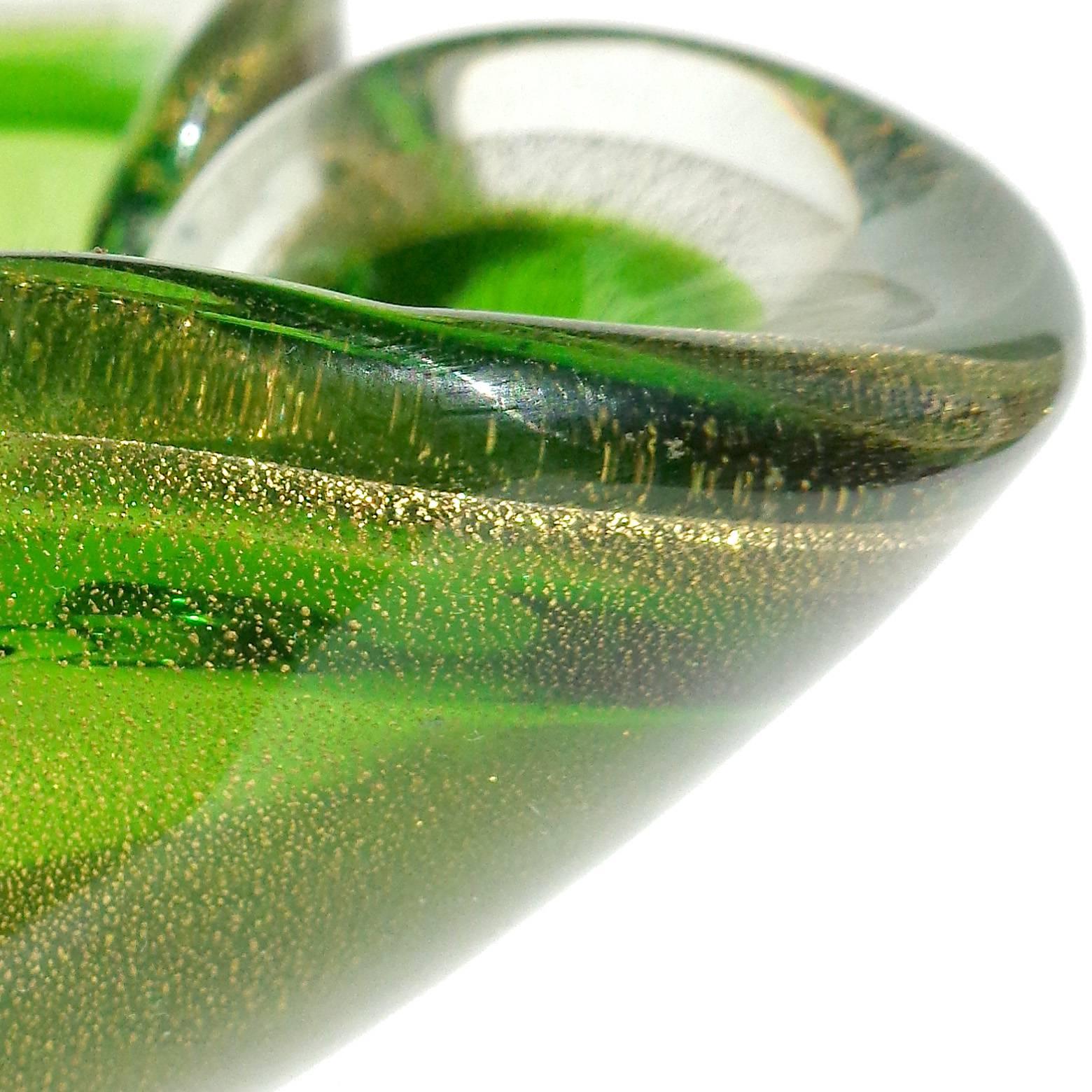 Mid-Century Modern Murano Sommerso Green Gold Flecks Italian Art Glass Decorative Folded Rim Bowl