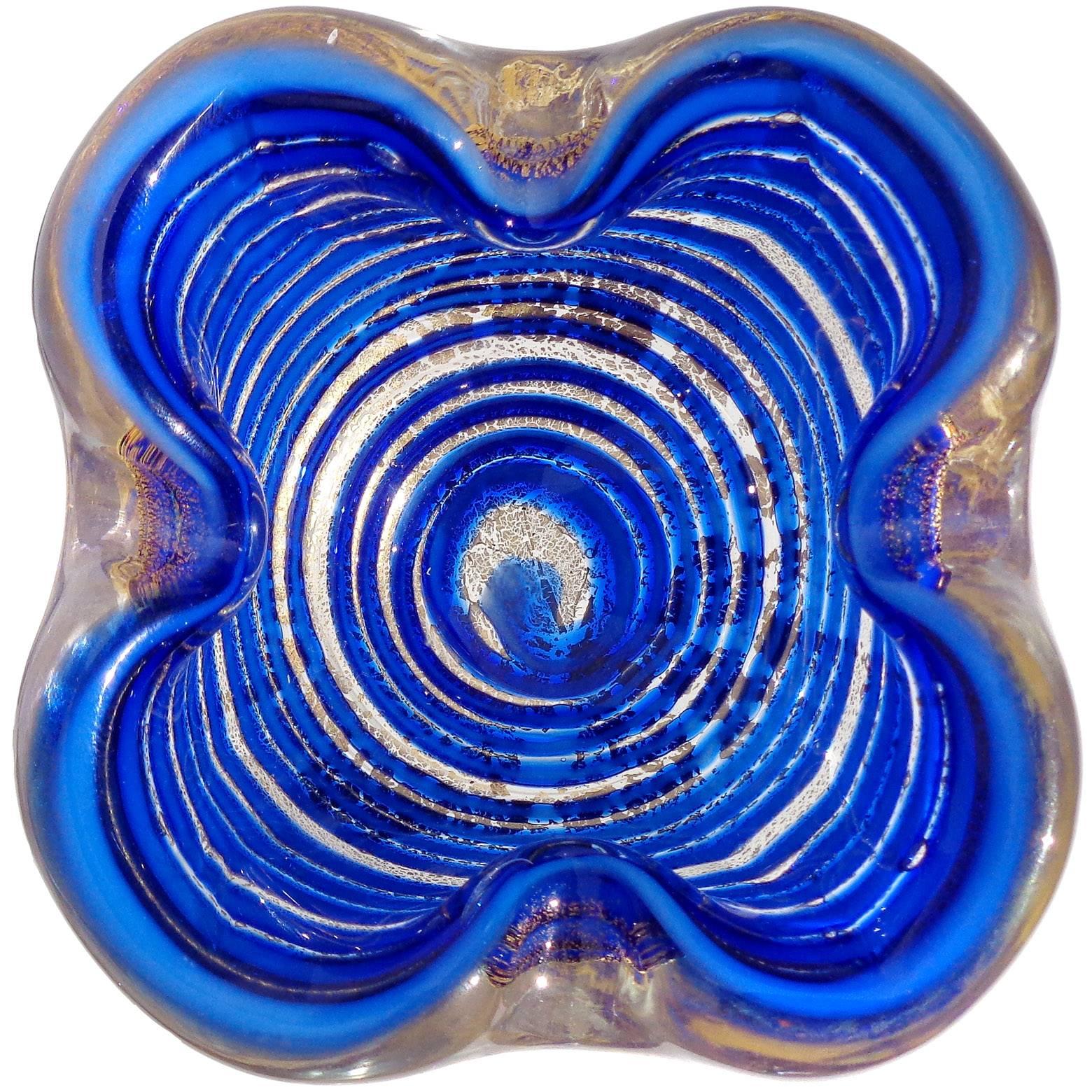 Barovier Toso Murano Sapphire Blue Swirl Gold Flecks Italian Art Glass Bowl Dish
