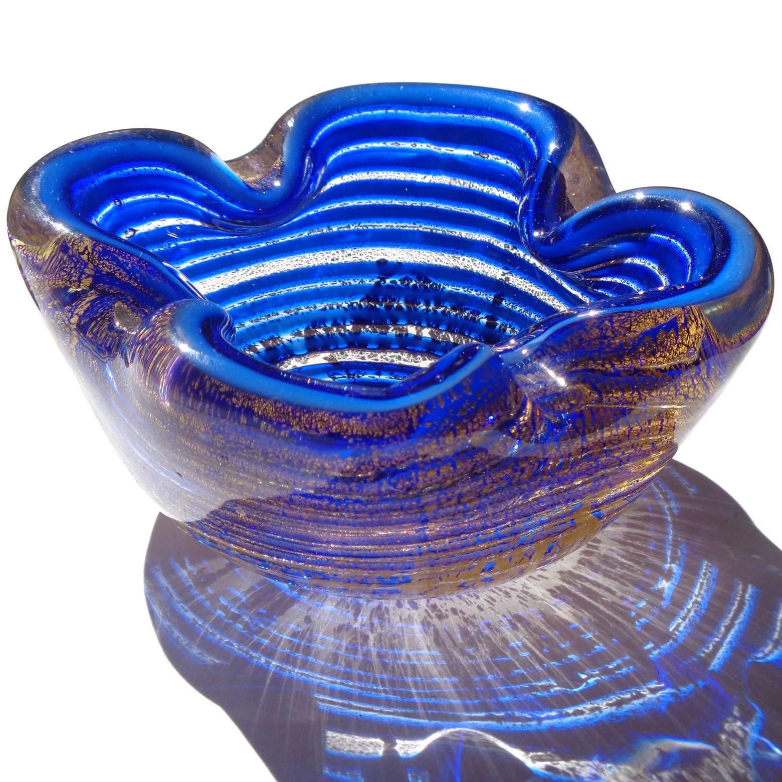 Beautiful Murano handblown rich sapphire blue swirl and gold flecks Italian art glass dish / ashtray. Documented to designer Ercole Barovier for Barovier e Toso, circa 1960s. Created in the 