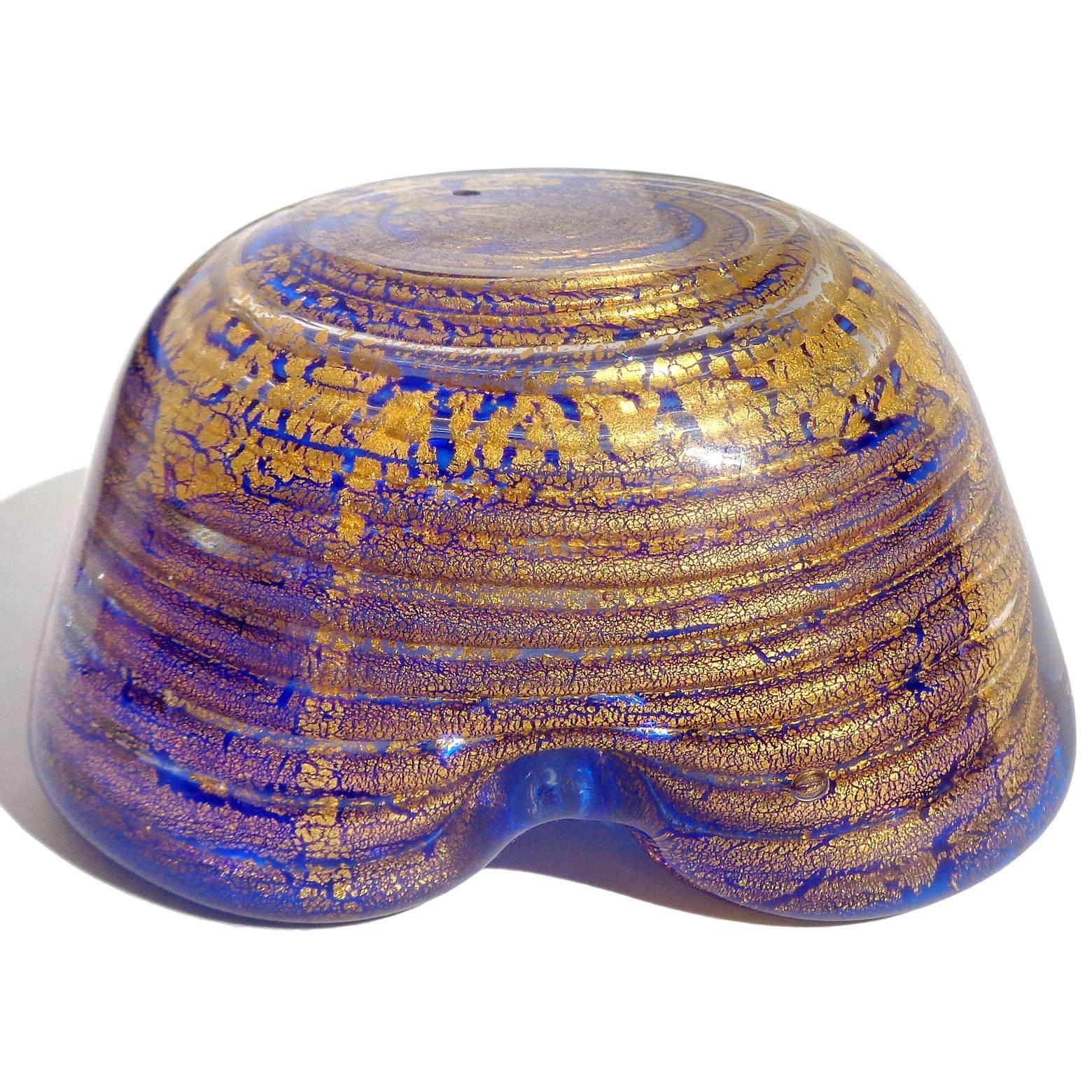 Mid-Century Modern Barovier Toso Murano Sapphire Blue Swirl Gold Flecks Italian Art Glass Bowl Dish