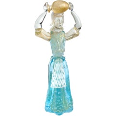 Salviati Murano Aqua Blue Gold Flecks Italian Art Glass Woman Sculpture