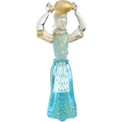 Vintage Salviati Murano Aqua Blue Gold Flecks Italian Art Glass Woman Sculpture