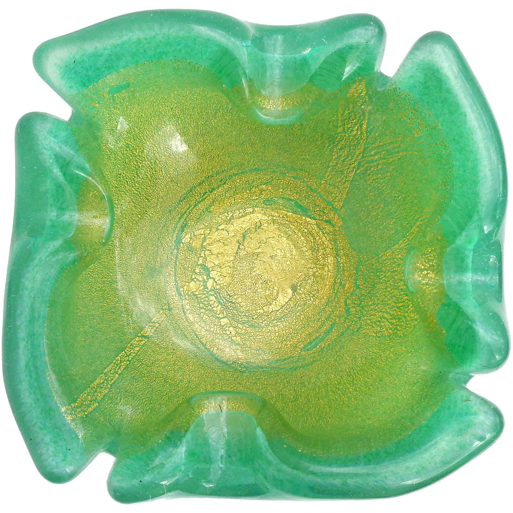 Barovier Toso Murano Green Gold Italian Art Glass Cut Rim Bowl Dish Ashtray