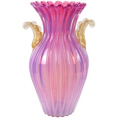 Archimede Seguso Murano Opalescent Pink Gold Flecks Italian Art Glass Floor Vase