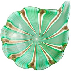 Murano Green Aventurine Gold Flecks Ribbons Italian Art Glass Decorative Bowl