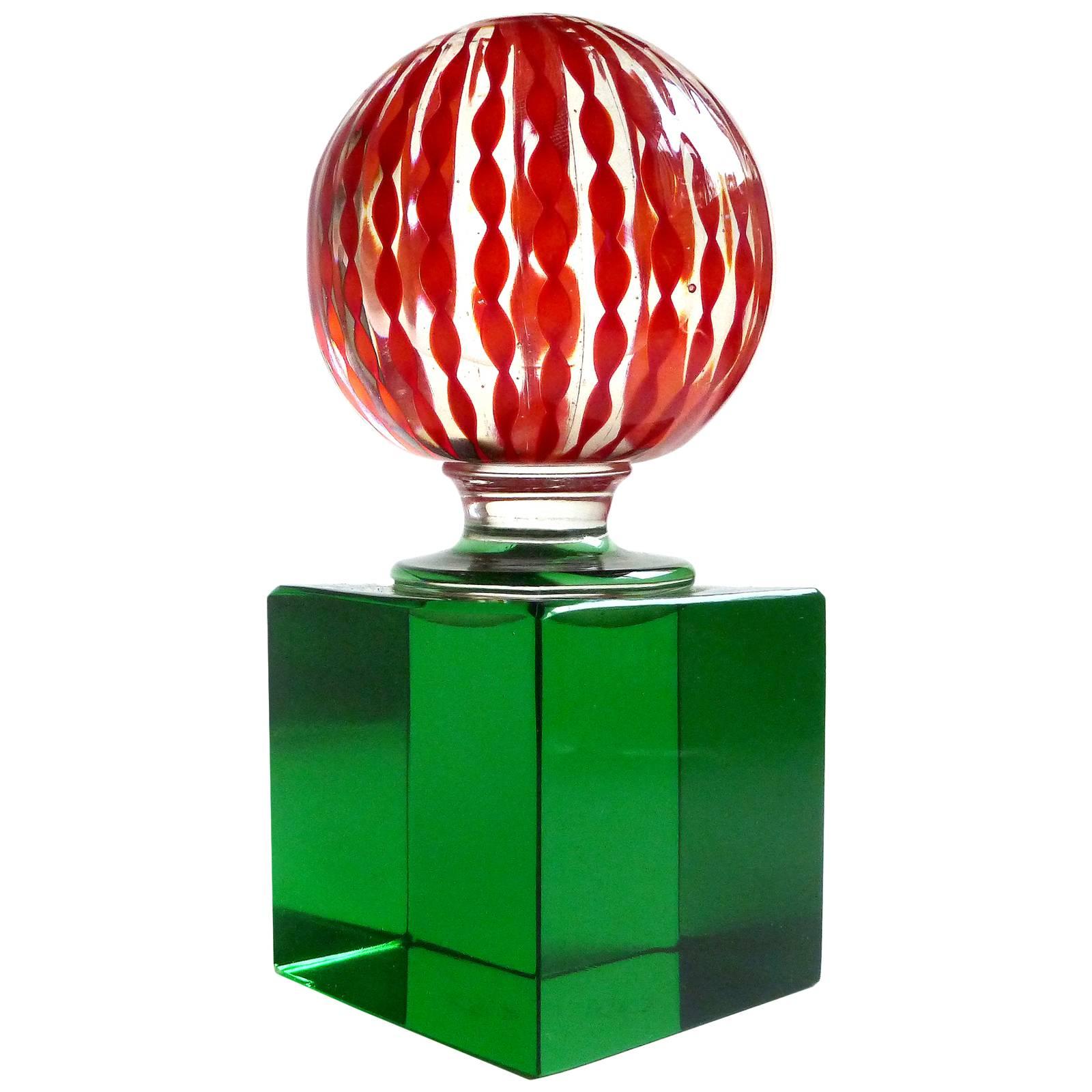 Paolo Venini Signed Murano Red Filigrana Ribbons Italian Art Glass Paperweight