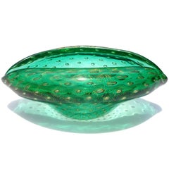 Murano Green Bubbles Gold Flecks Italian Art Glass Conch Seashell Bowl