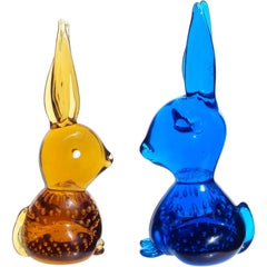 Vintage Golden Amber and Cobalt Blue Bubbles Italian Art Glass Bunny Rabbit Figurines