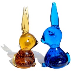 Golden Amber and Cobalt Blue Bubbles Italian Art Glass Bunny Rabbit Figurines